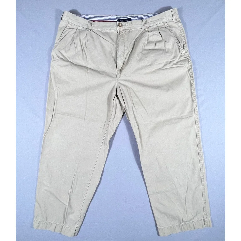 Tommy Hilfiger Mens Pleated Chino Pants Khaki Tan 42x30 Cotton Twill Trousers